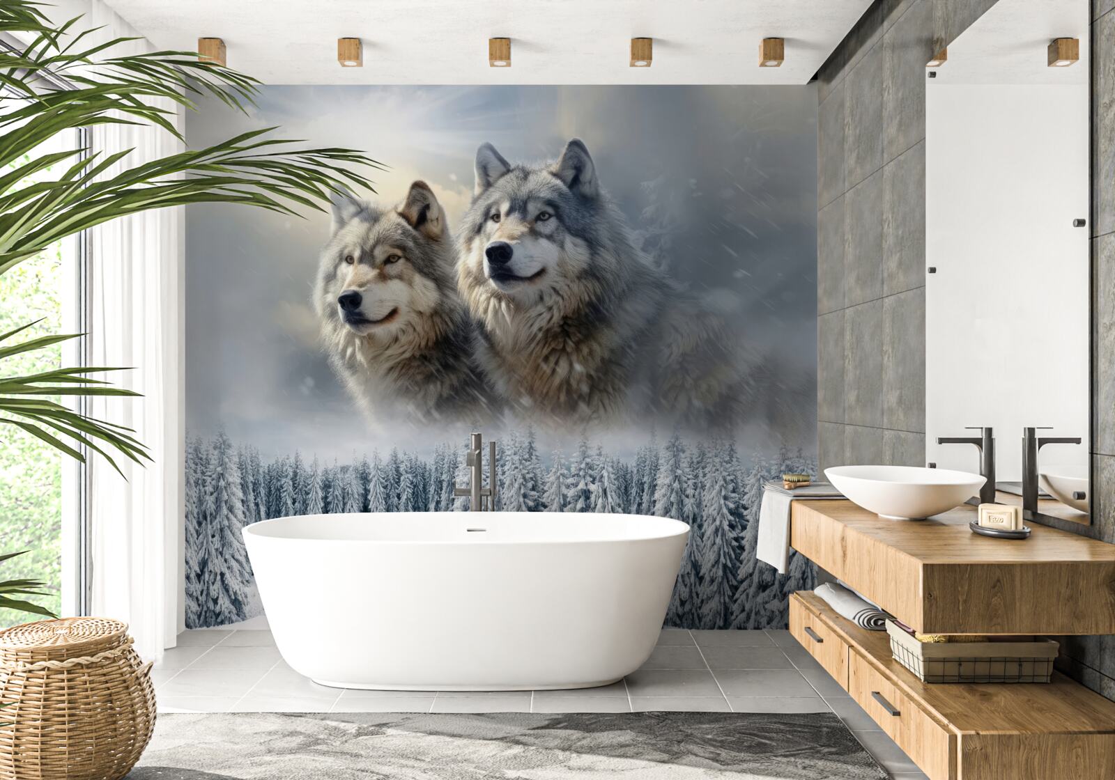 Fototapet doi lupi pe fundalul unei păduri înzăpezite