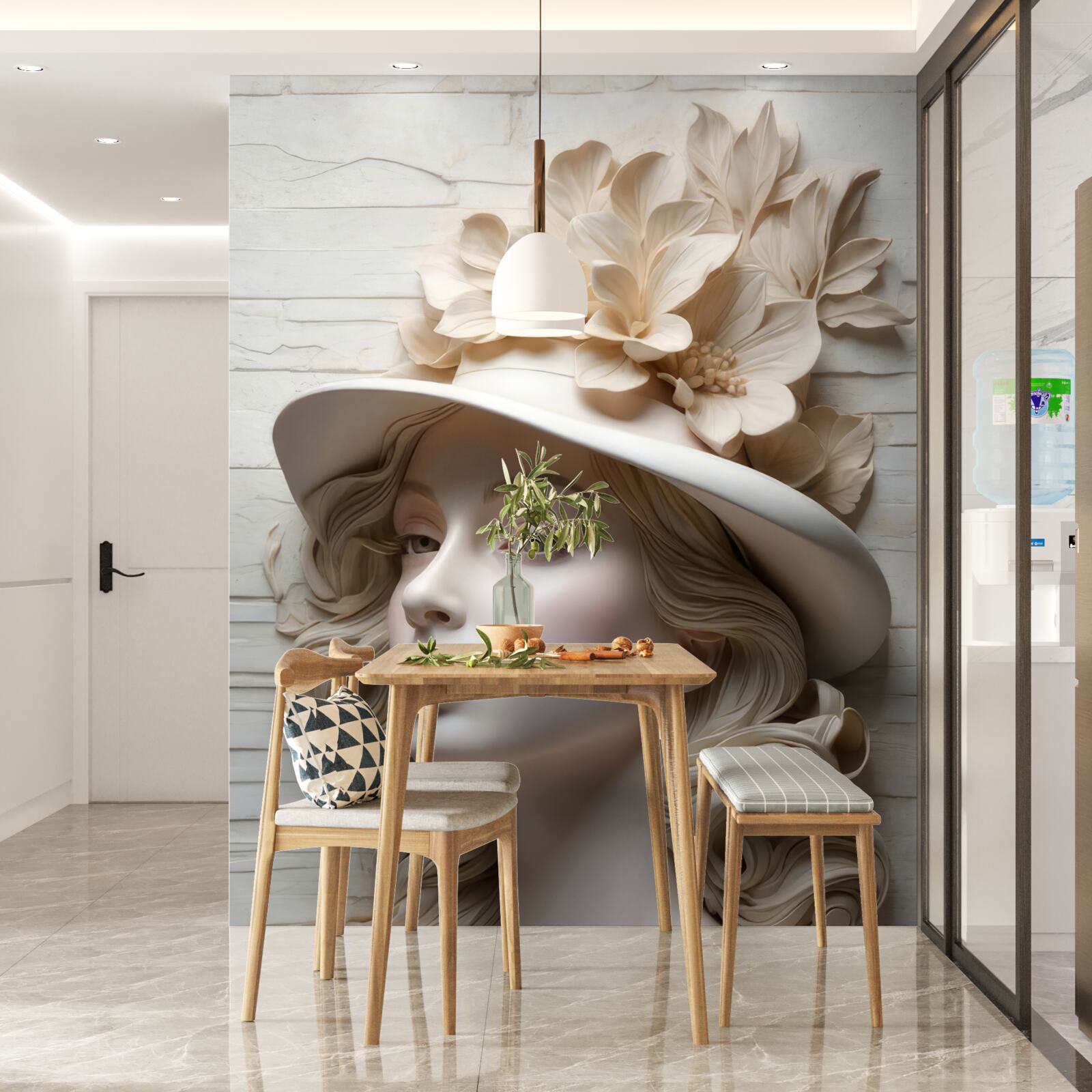 Fototapet doamnă atractivă cu o pălărie decorată cu flori