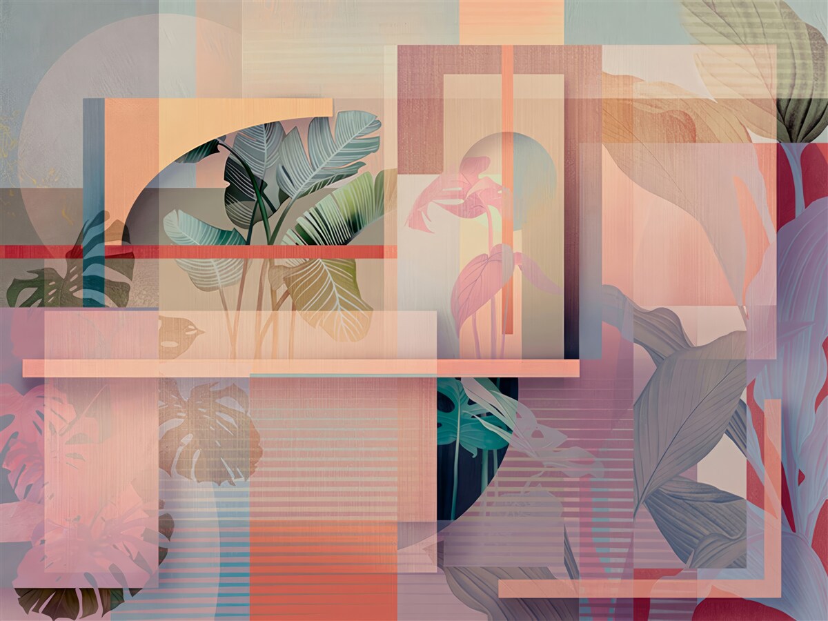 Fototapet fundal cu elemente de vegetație și forme geometrice