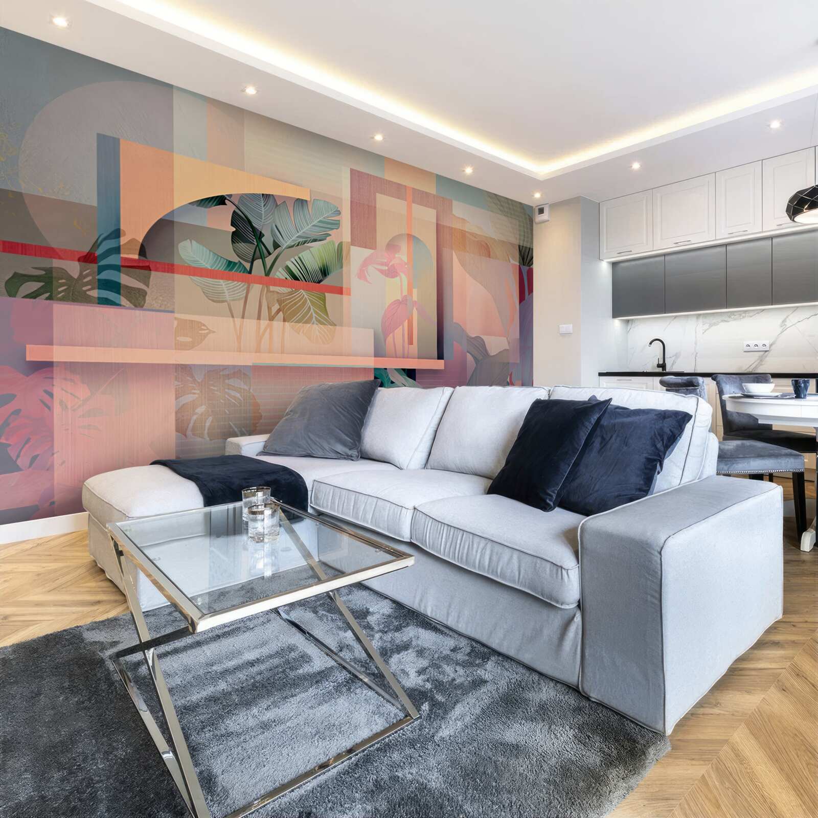 Fototapet fundal cu elemente de vegetație și forme geometrice