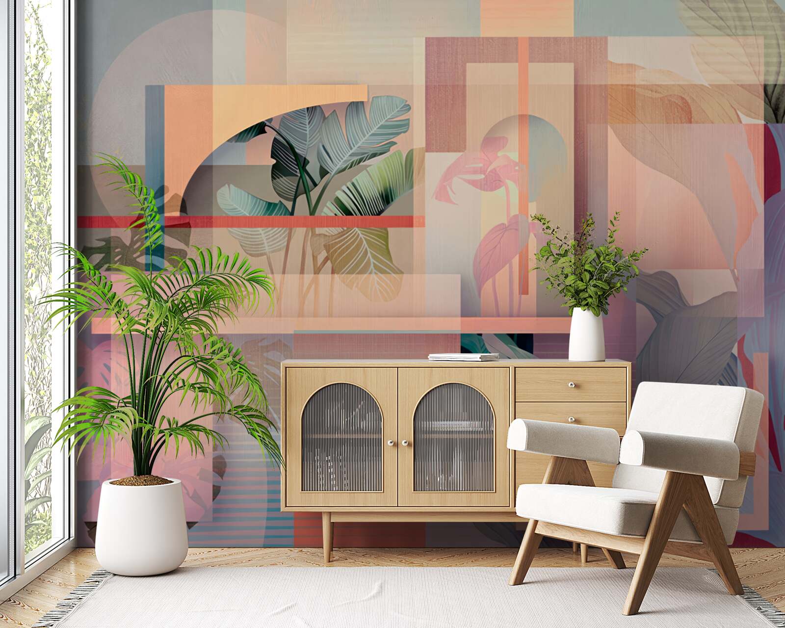 Fototapet fundal cu elemente de vegetație și forme geometrice