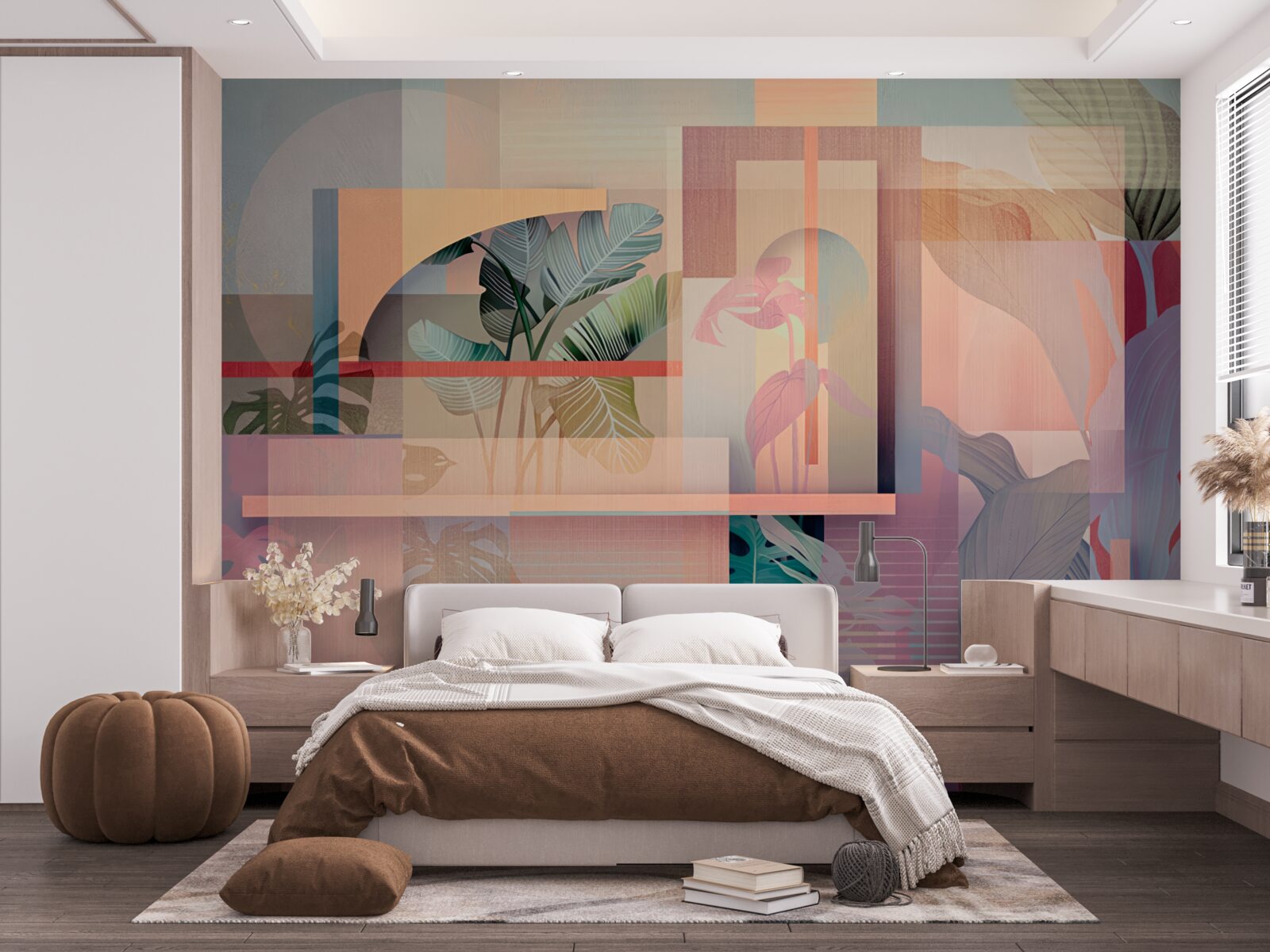 Fototapet fundal cu elemente de vegetație și forme geometrice