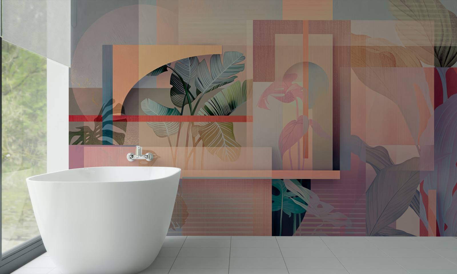 Fototapet fundal cu elemente de vegetație și forme geometrice