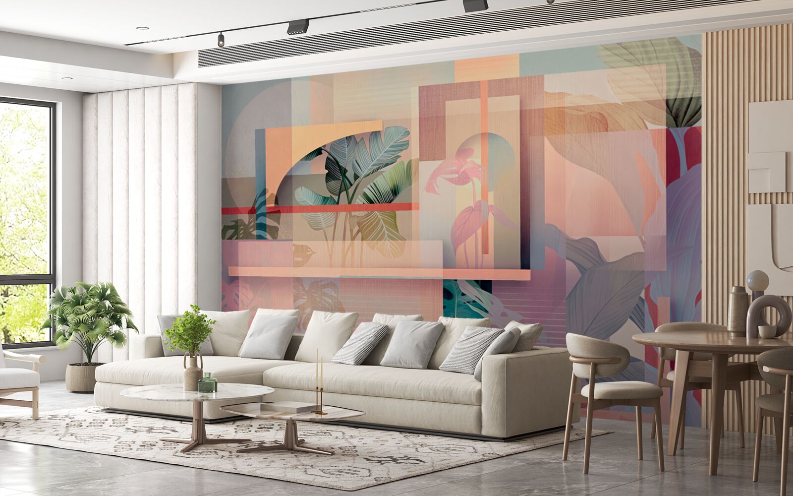 Fototapet fundal cu elemente de vegetație și forme geometrice