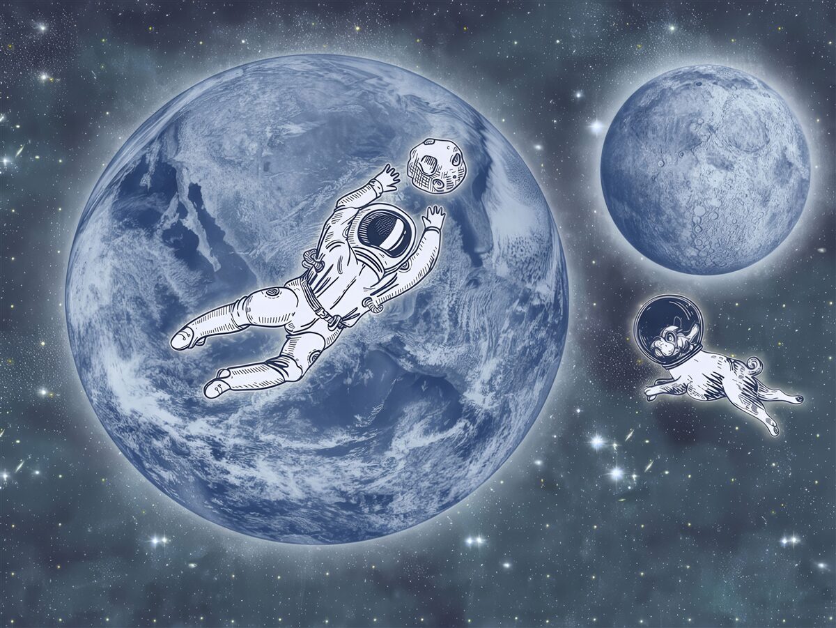 Fototapet astronaut și câine zboară în spațiu