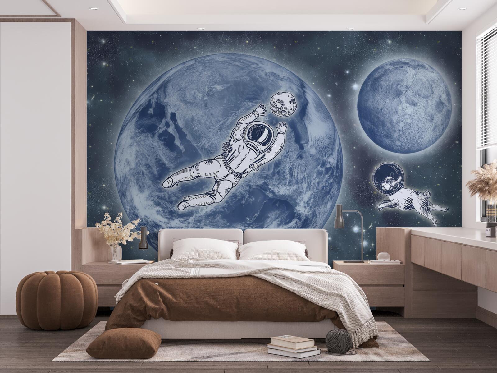 Fototapet astronaut și câine zboară în spațiu