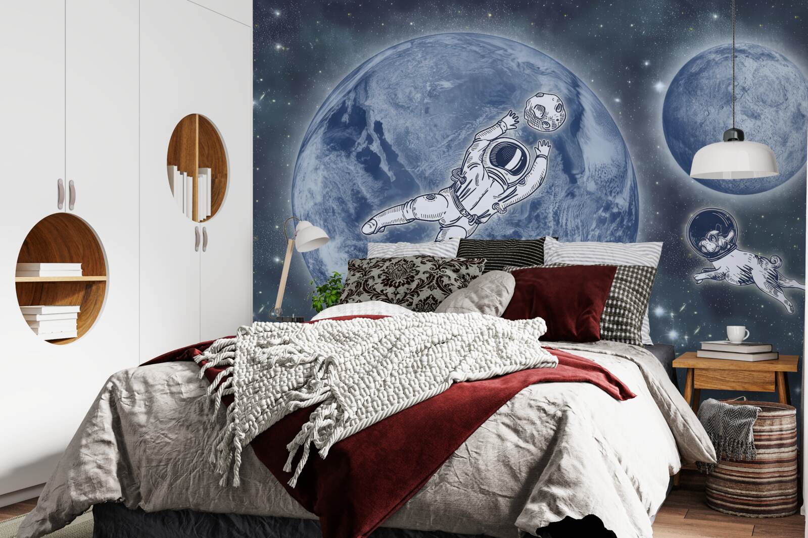 Fototapet astronaut și câine zboară în spațiu