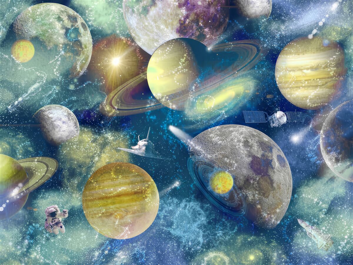 Fototapet astronaut pe un fundal de planete diferite în spațiu