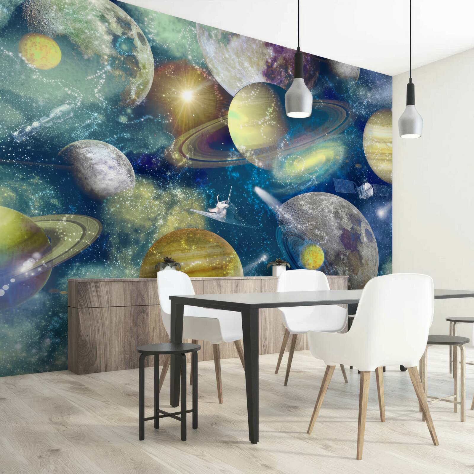 Fototapet astronaut pe un fundal de planete diferite în spațiu