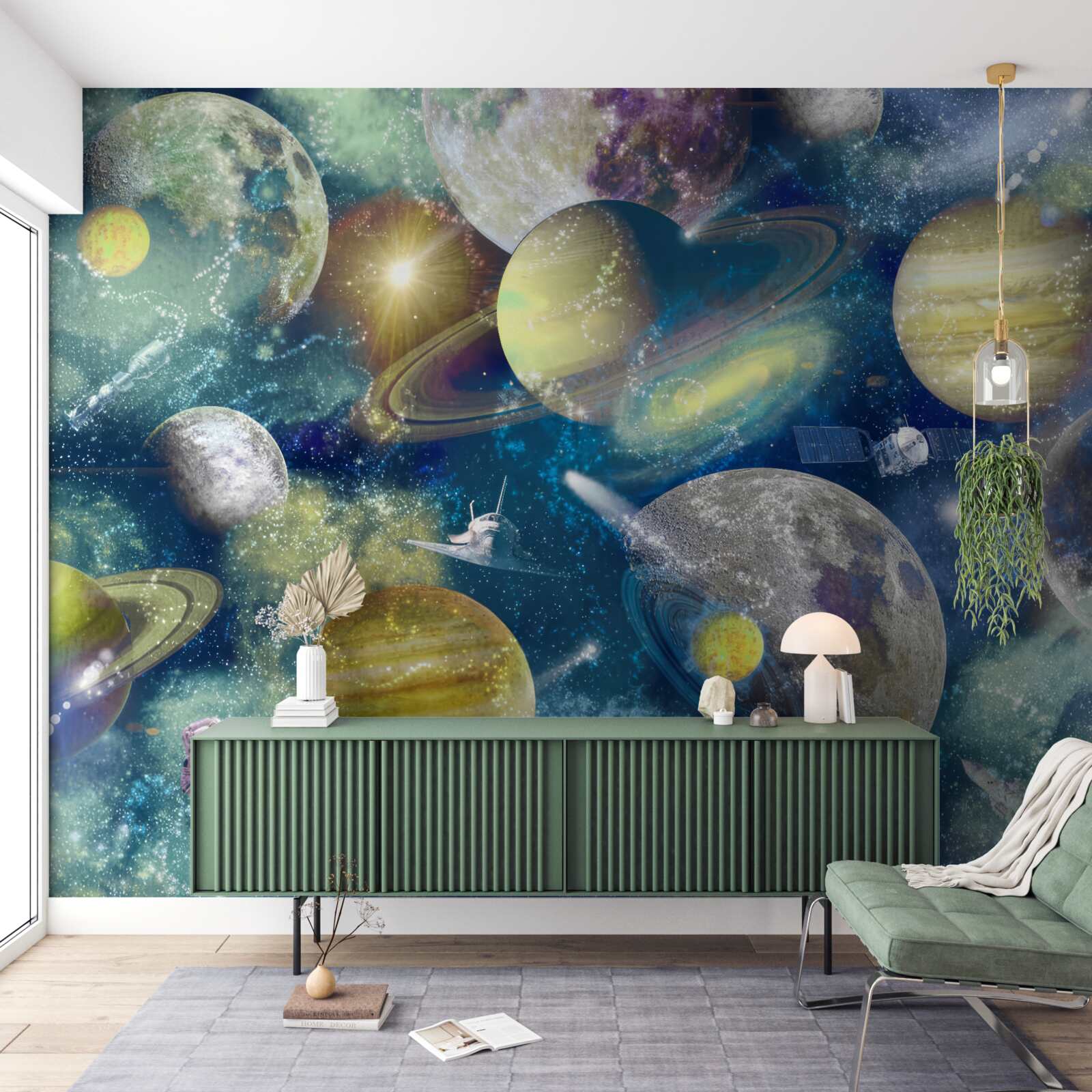 Fototapet astronaut pe un fundal de planete diferite în spațiu