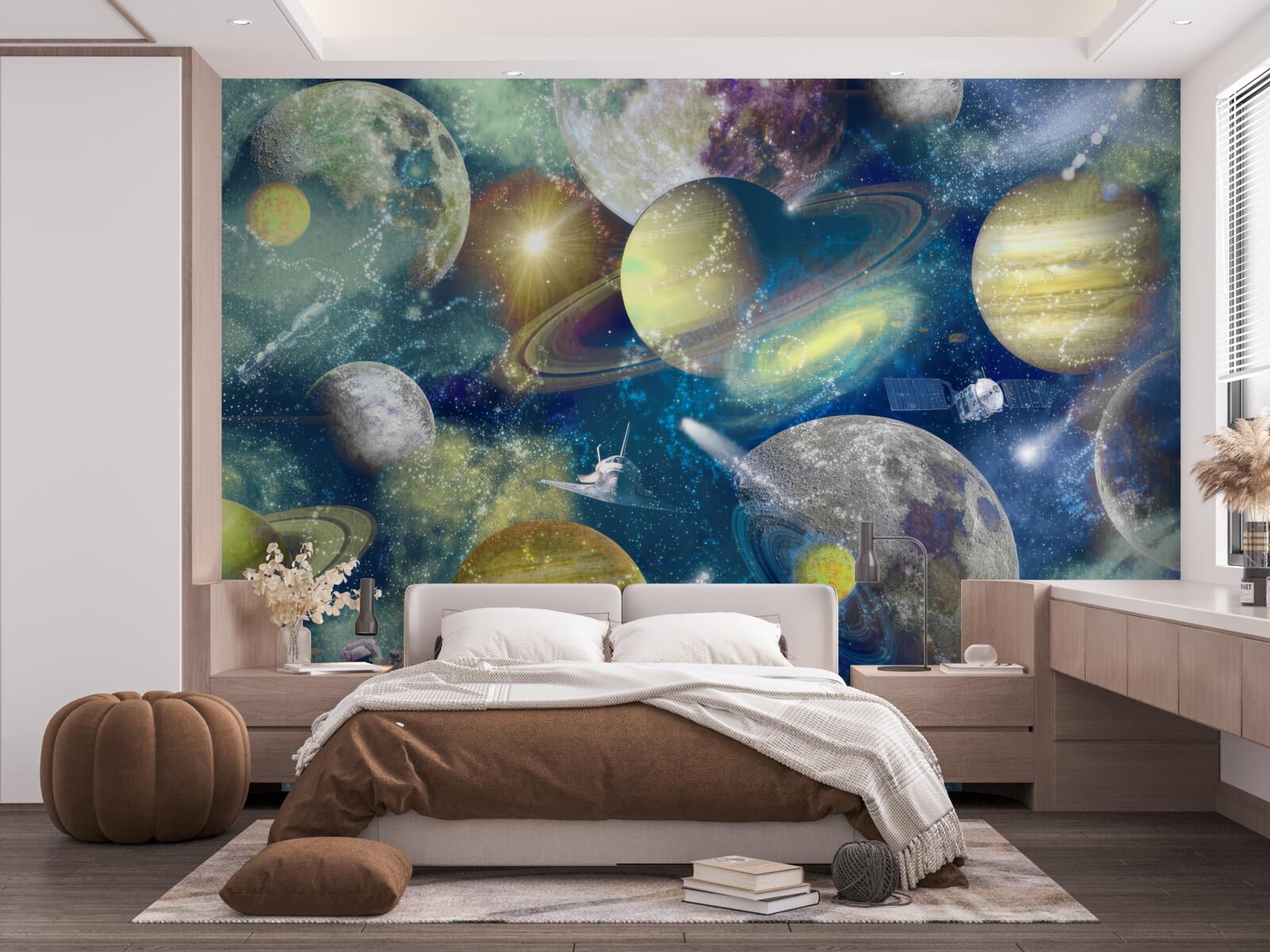 Fototapet astronaut pe un fundal de planete diferite în spațiu