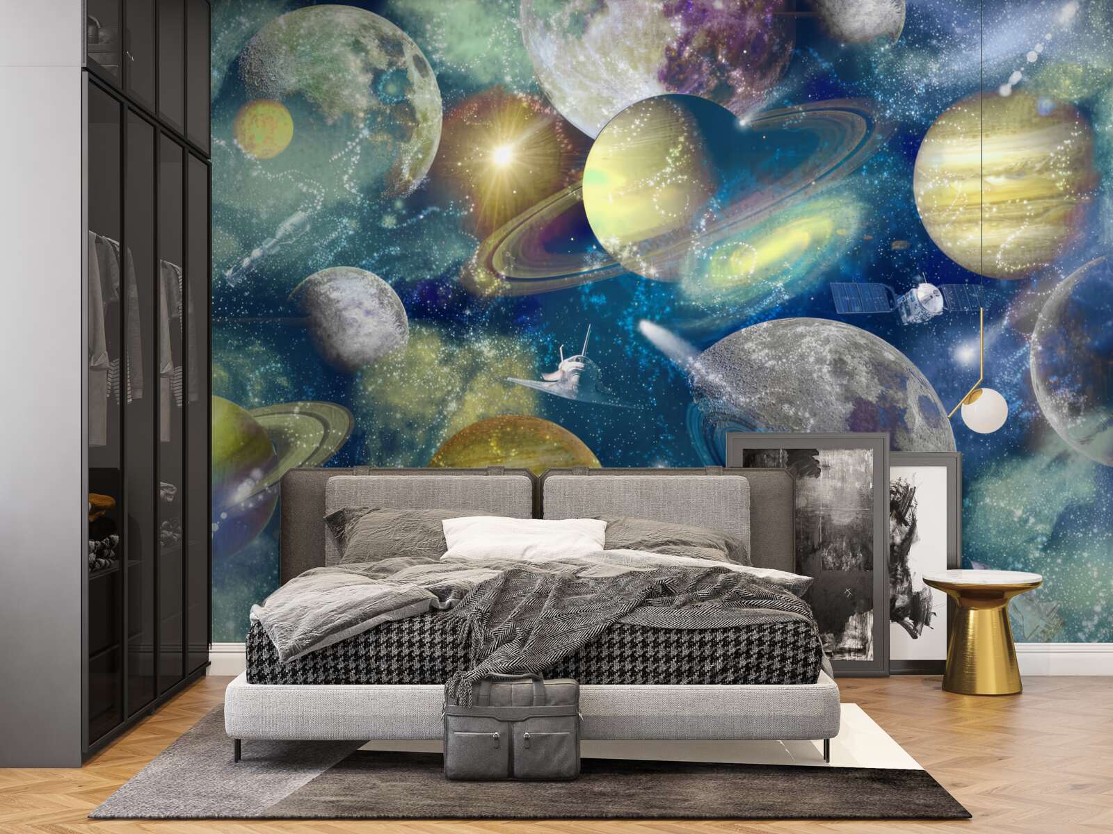 Fototapet astronaut pe un fundal de planete diferite în spațiu