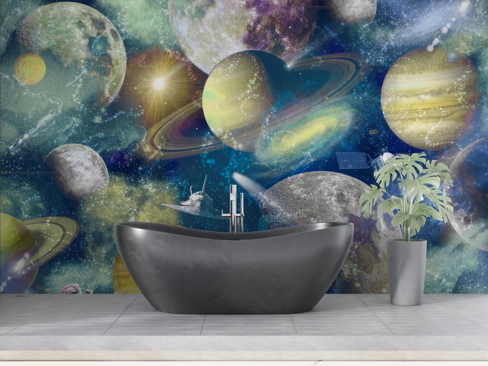 Fototapet astronaut pe un fundal de planete diferite în spațiu