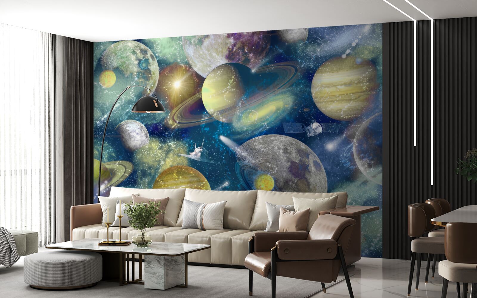 Fototapet astronaut pe un fundal de planete diferite în spațiu