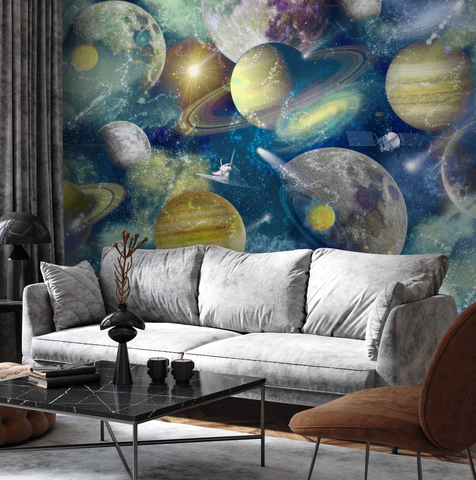 Fototapet astronaut pe un fundal de planete diferite în spațiu