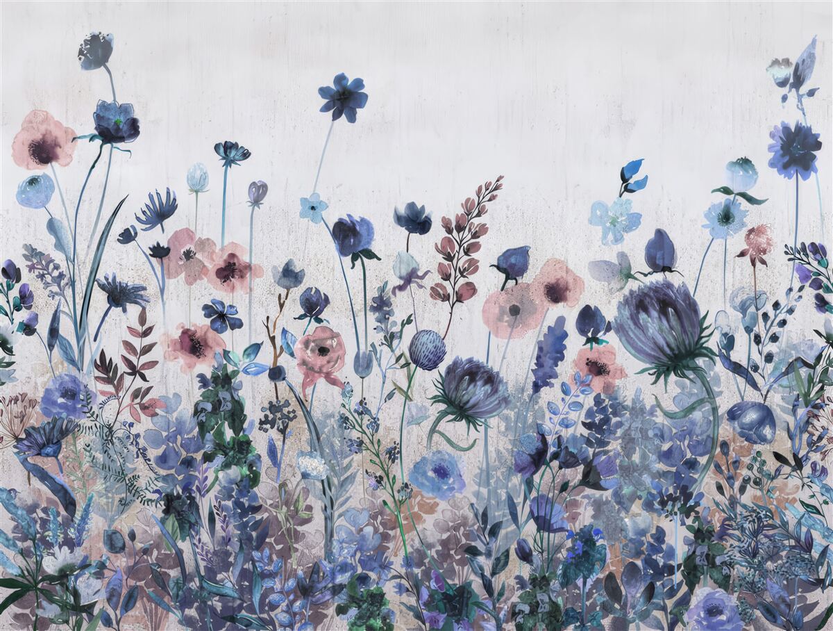 Fototapet plante și flori în nuanțe de albastru și roz