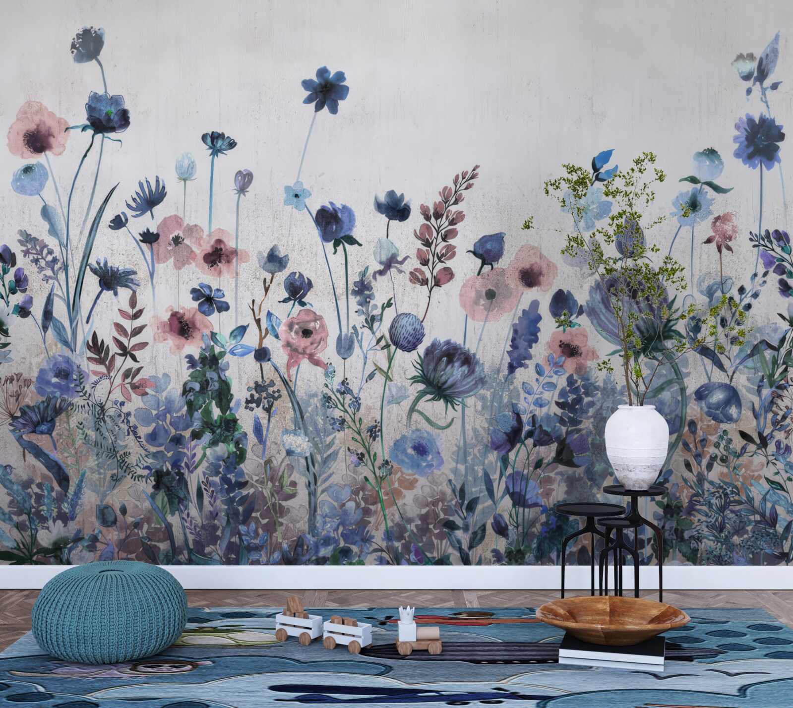 Fototapet plante și flori în nuanțe de albastru și roz