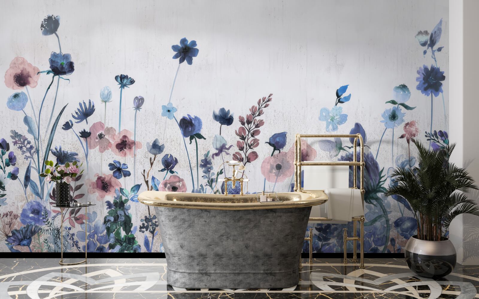 Fototapet plante și flori în nuanțe de albastru și roz