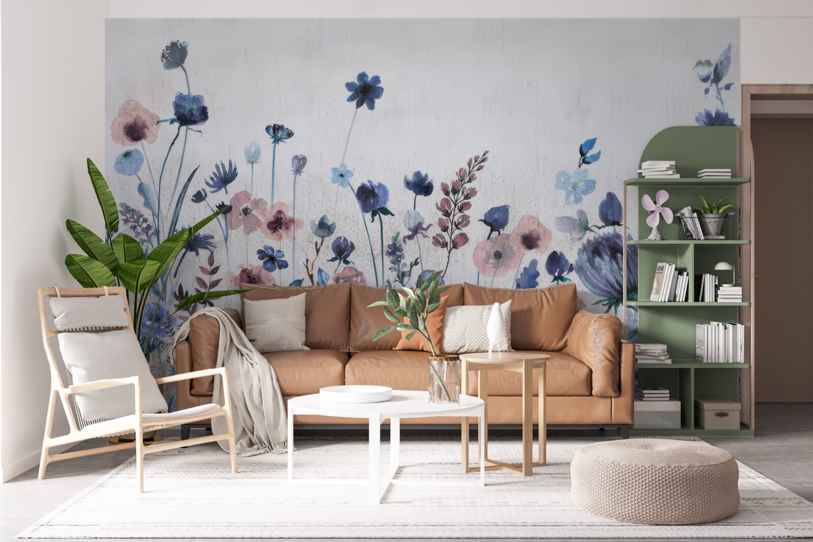 Fototapet plante și flori în nuanțe de albastru și roz