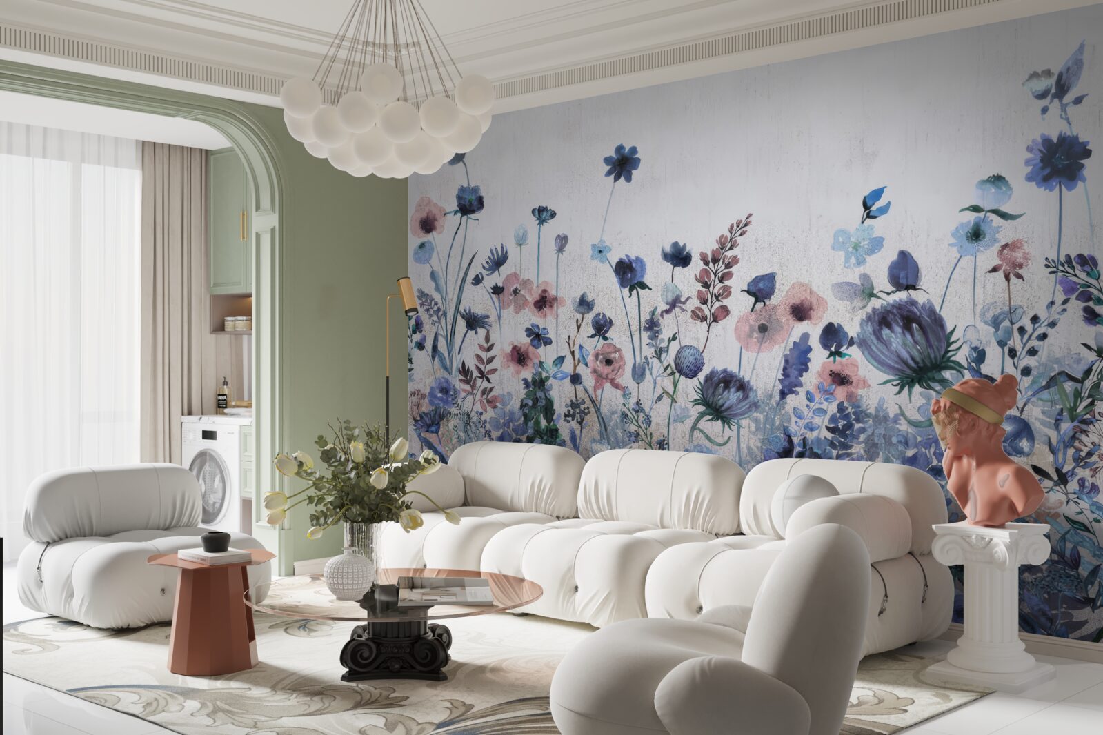 Fototapet plante și flori în nuanțe de albastru și roz