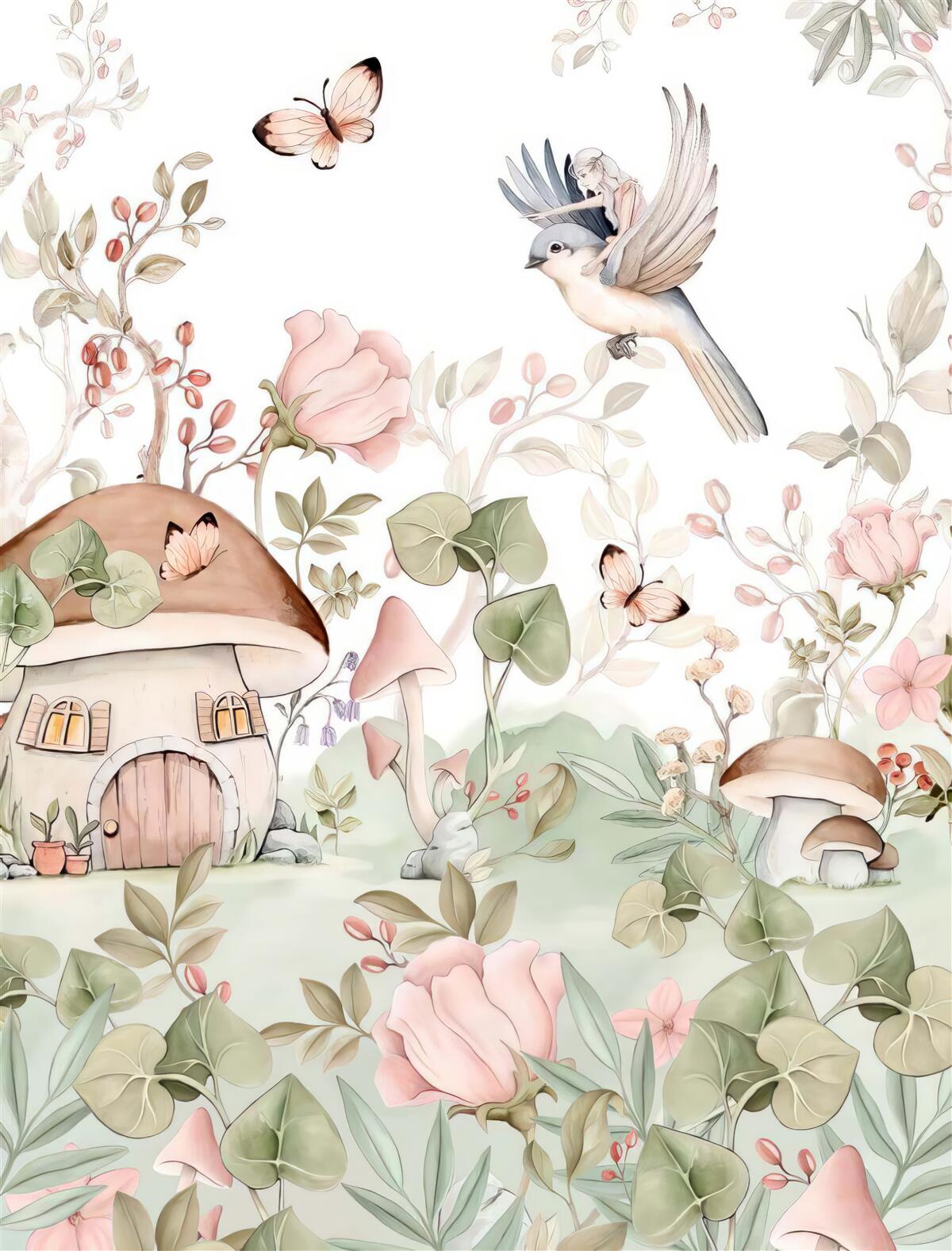 Fototapet fată stând pe pasăre arată cu degetul la casă