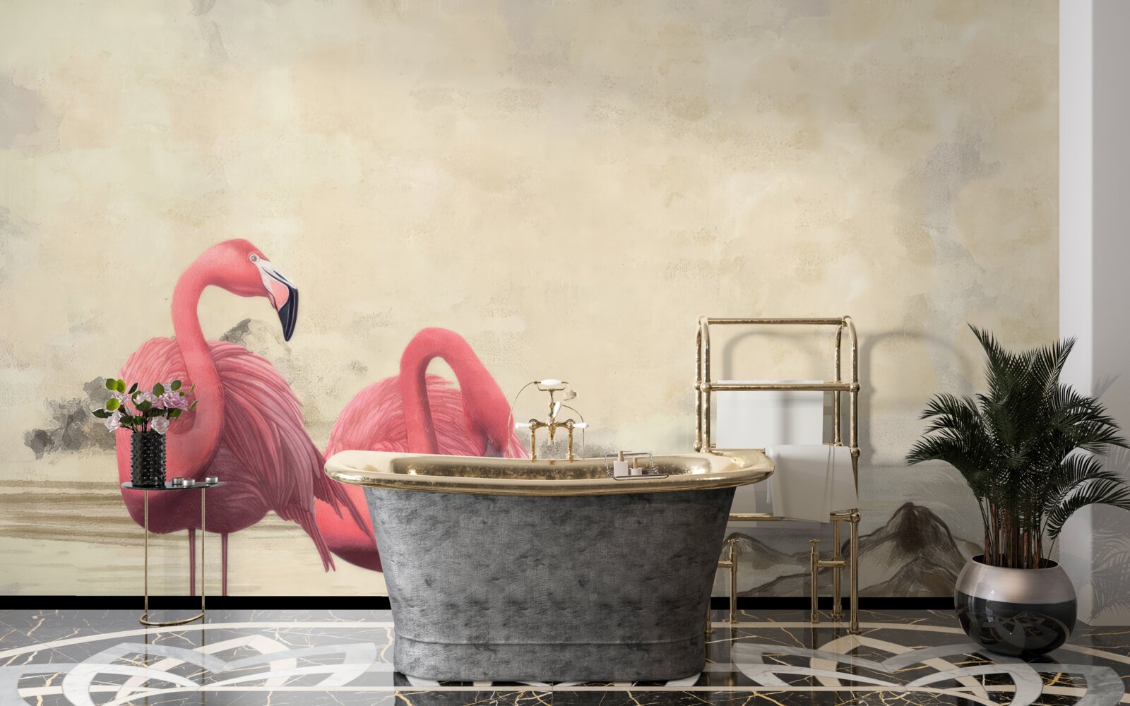 Fototapet o pereche de flamingo roz aprins