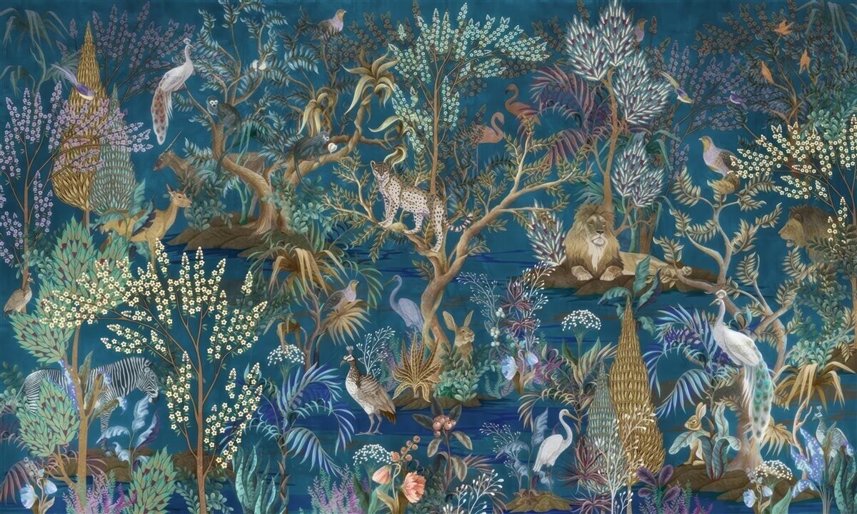 Fototapet fundal întunecat cu imagini de plante și animale