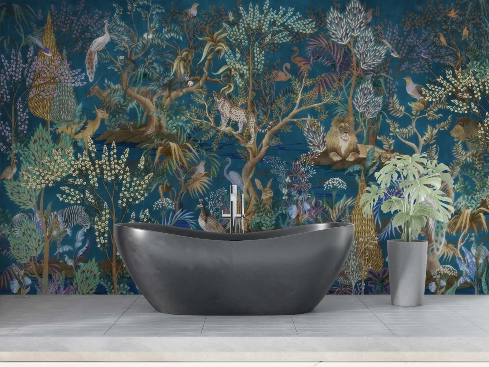 Fototapet fundal întunecat cu imagini de plante și animale