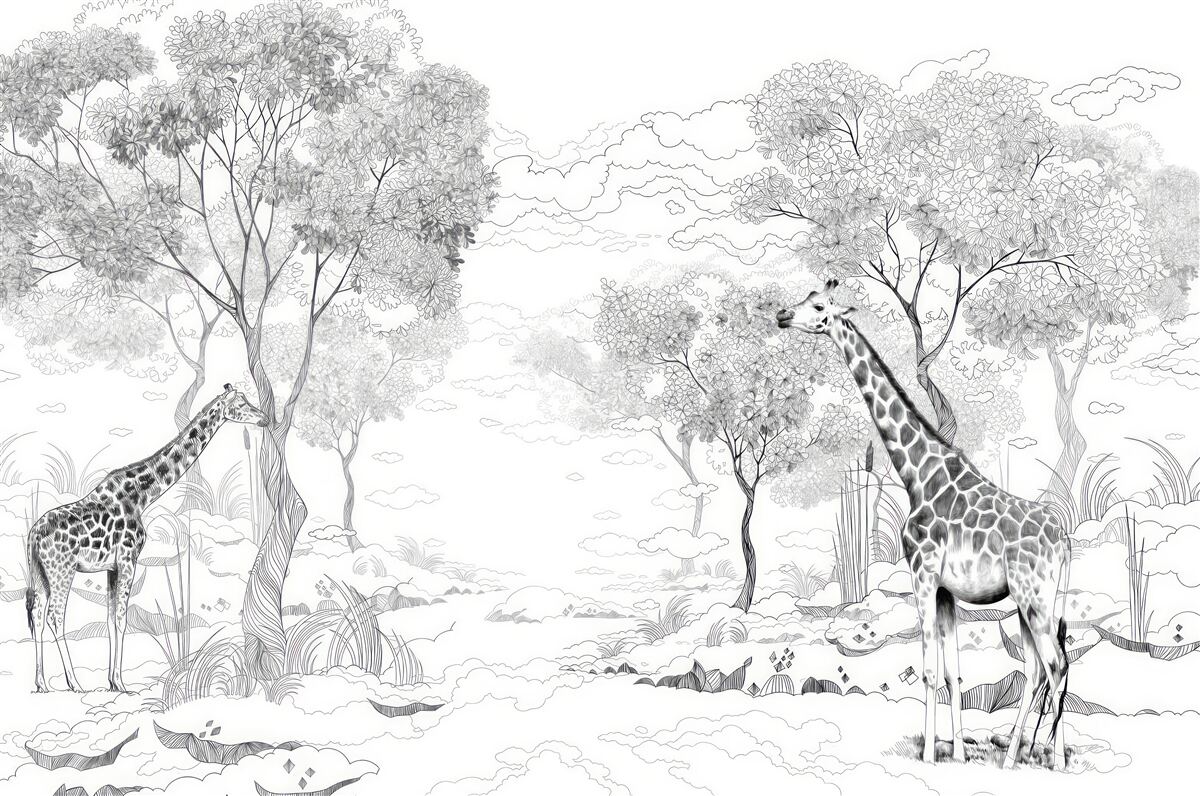 Fototapet două girafe stau lângă copaci