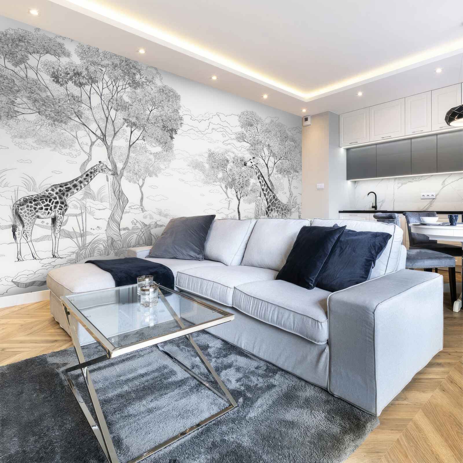 Fototapet două girafe stau lângă copaci