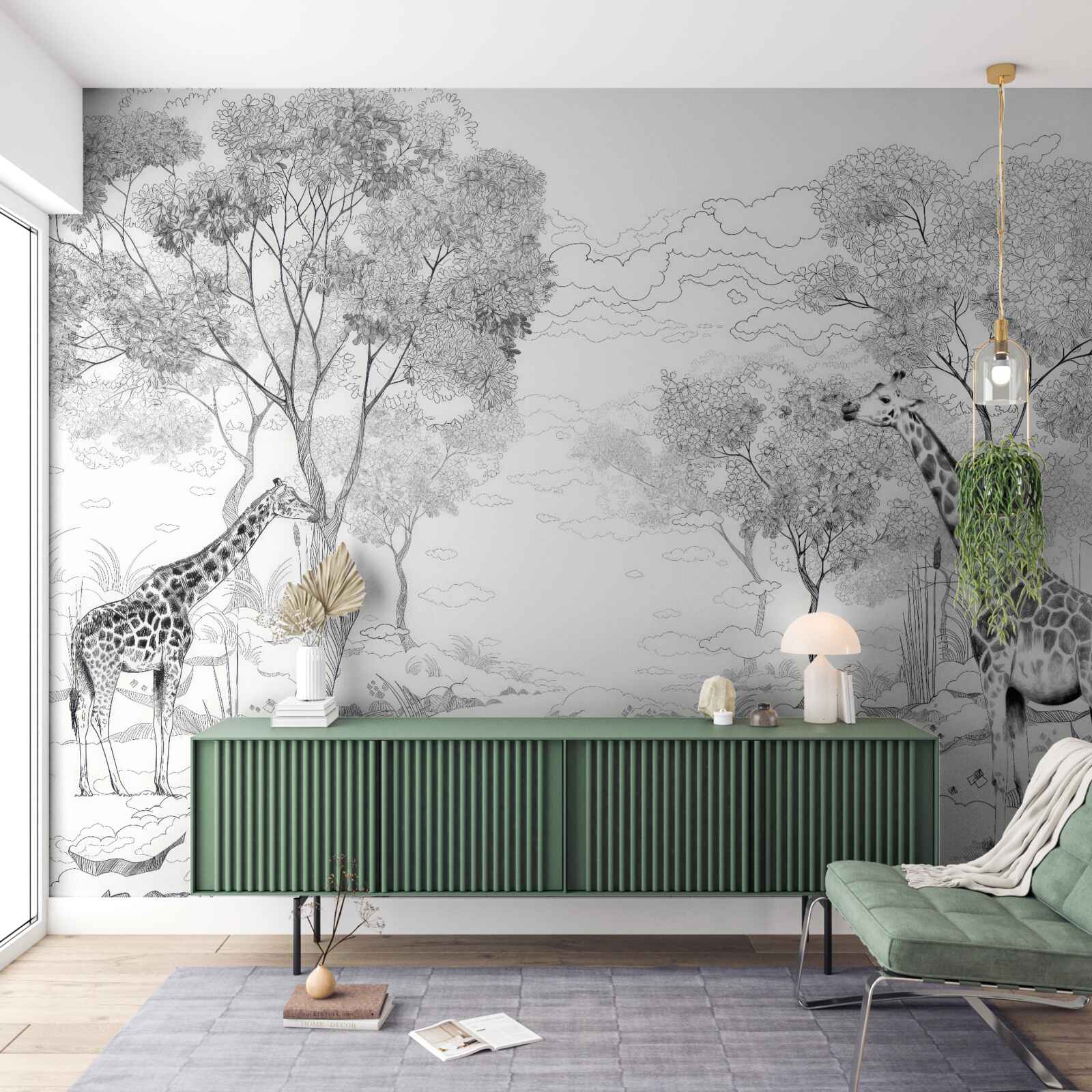 Fototapet două girafe stau lângă copaci