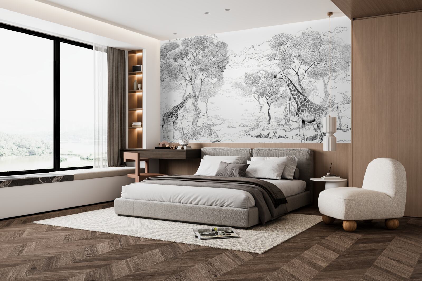 Fototapet două girafe stau lângă copaci