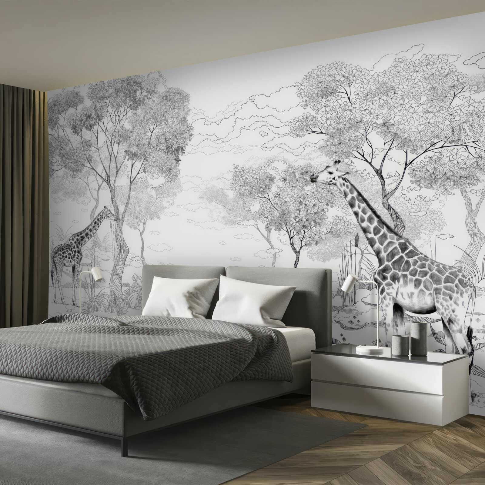 Fototapet două girafe stau lângă copaci