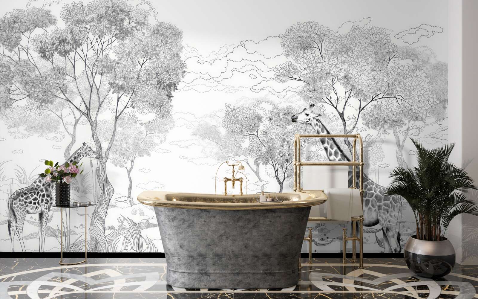 Fototapet două girafe stau lângă copaci