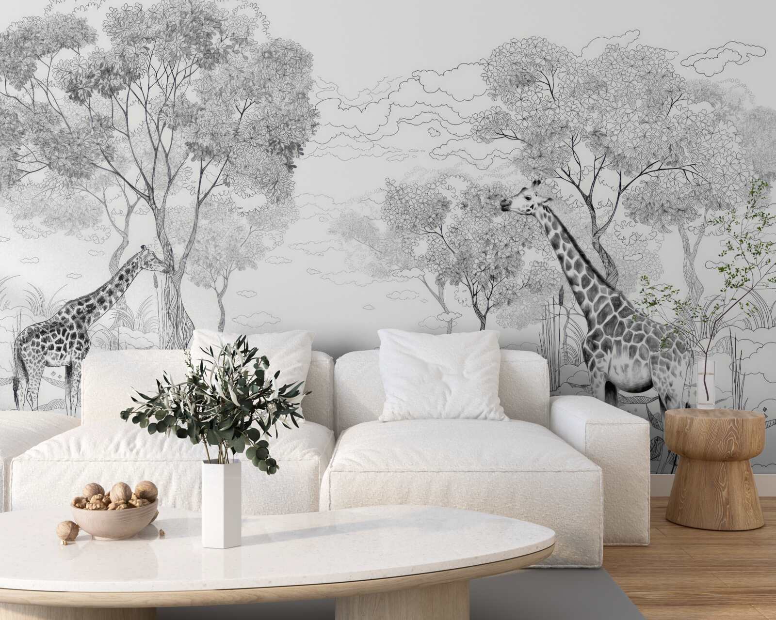 Fototapet două girafe stau lângă copaci