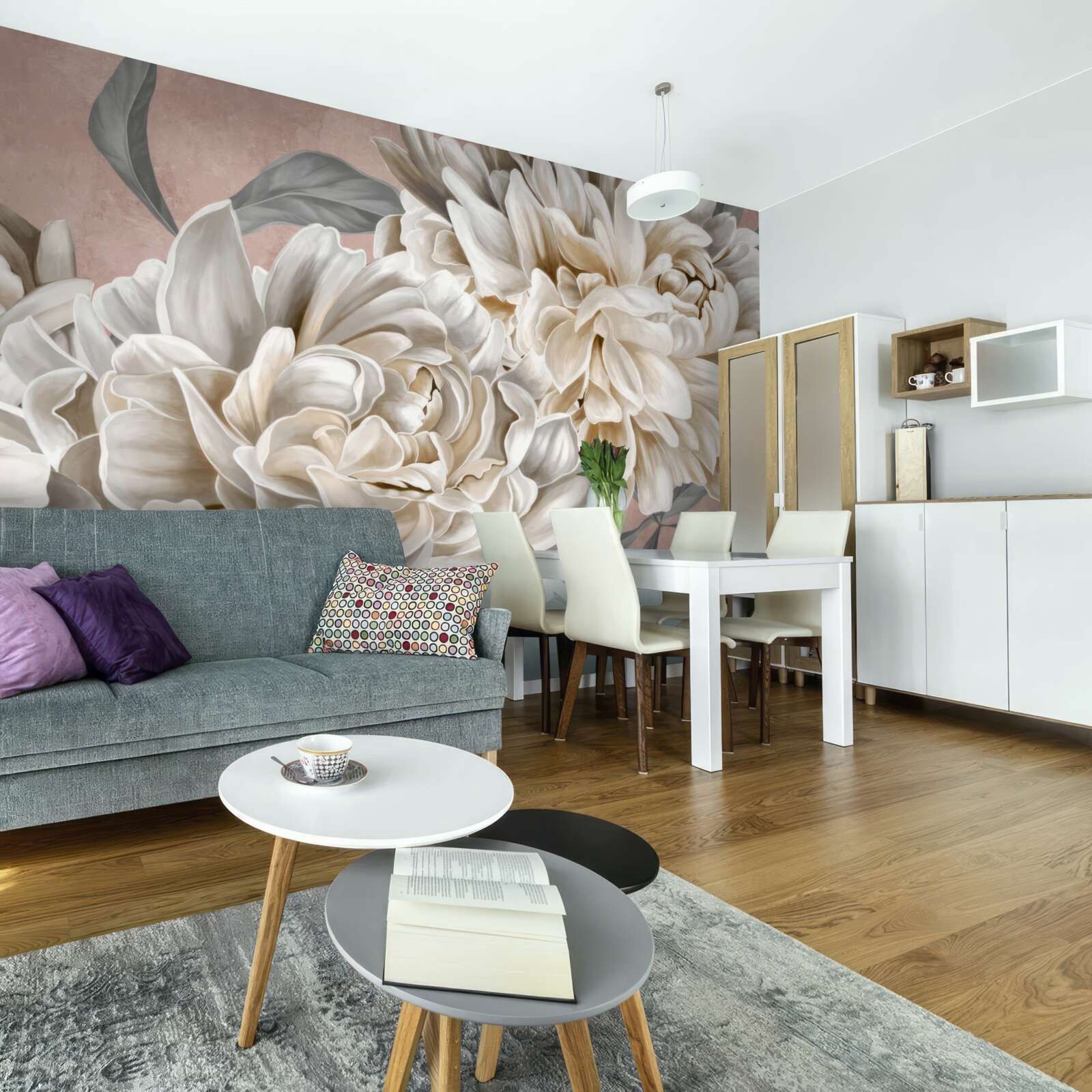 Fototapet bujori uriași, albi ca zăpada