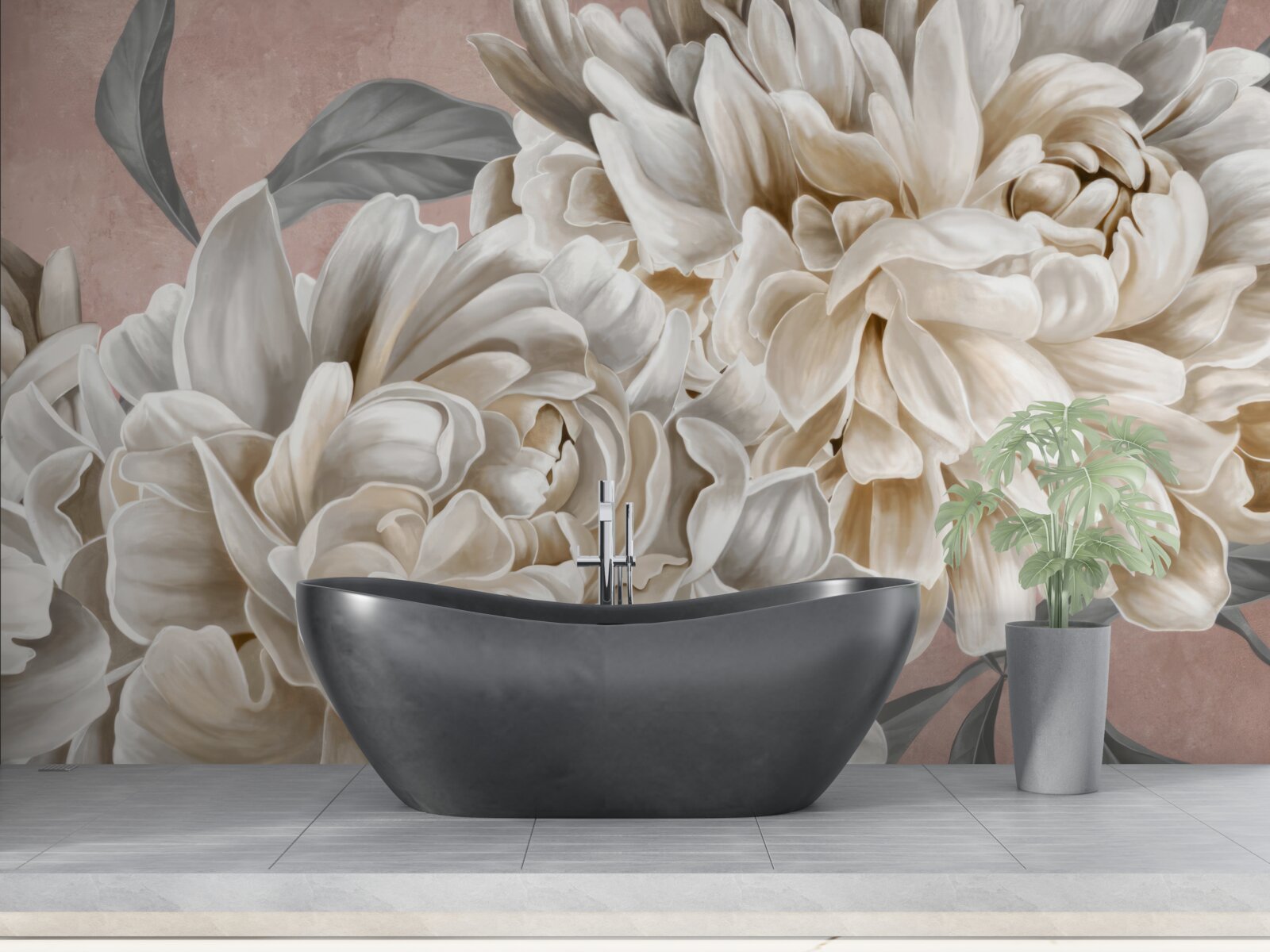 Fototapet bujori uriași, albi ca zăpada