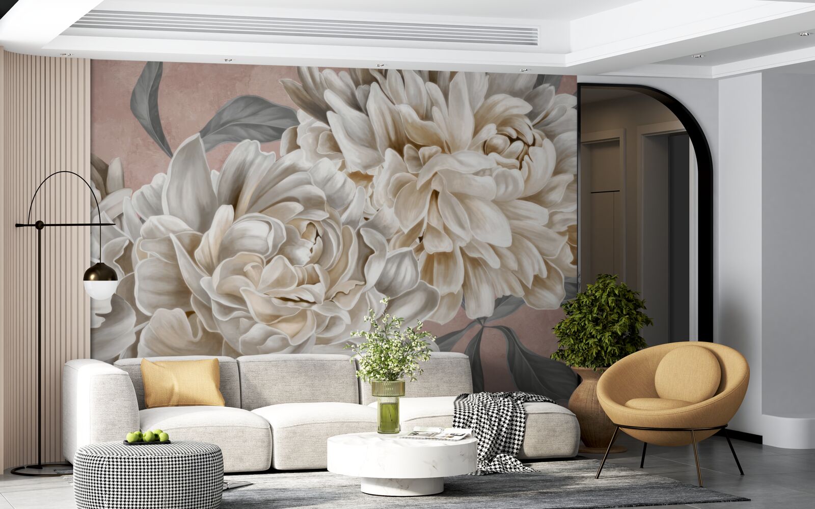 Fototapet bujori uriași, albi ca zăpada