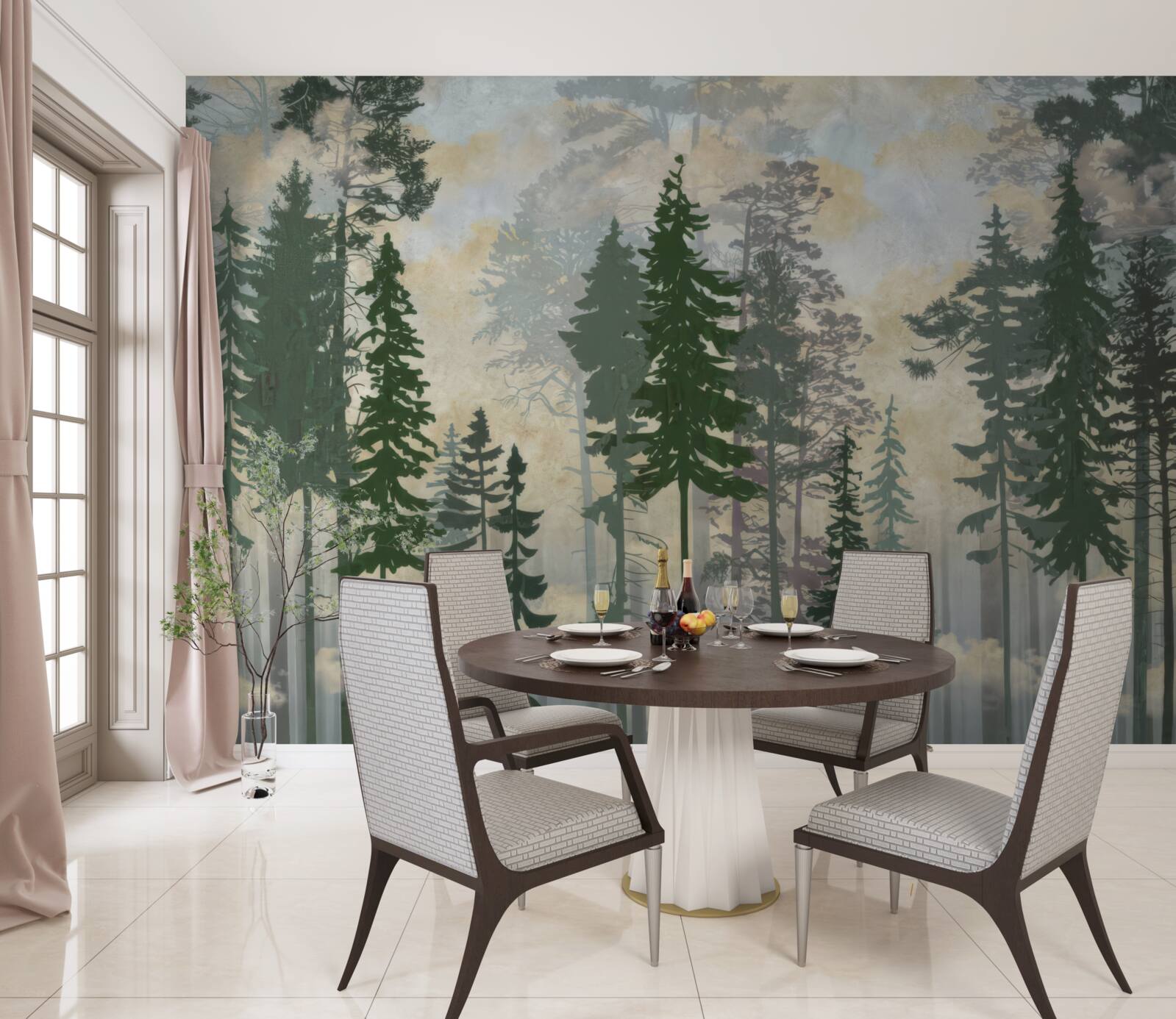 Fototapet pădure cețoasă învăluită în copaci