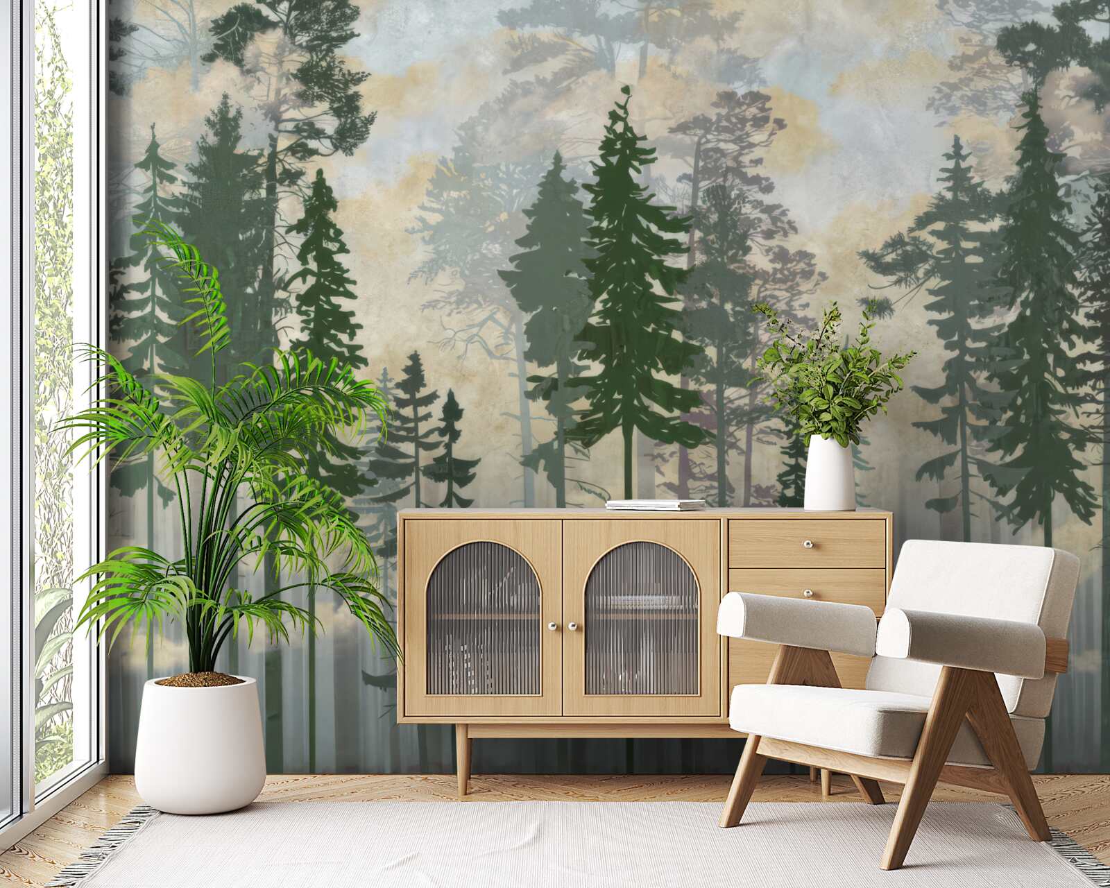 Fototapet pădure cețoasă învăluită în copaci