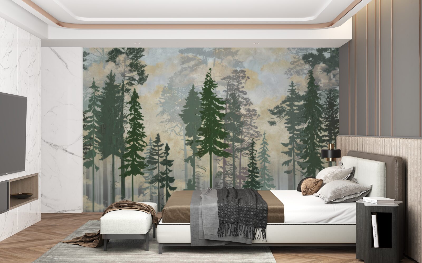 Fototapet pădure cețoasă învăluită în copaci