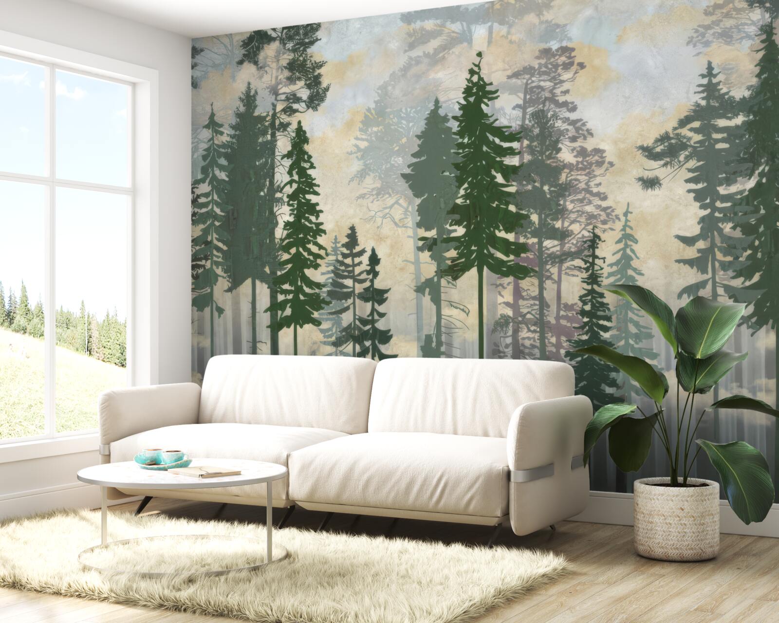 Fototapet pădure cețoasă învăluită în copaci