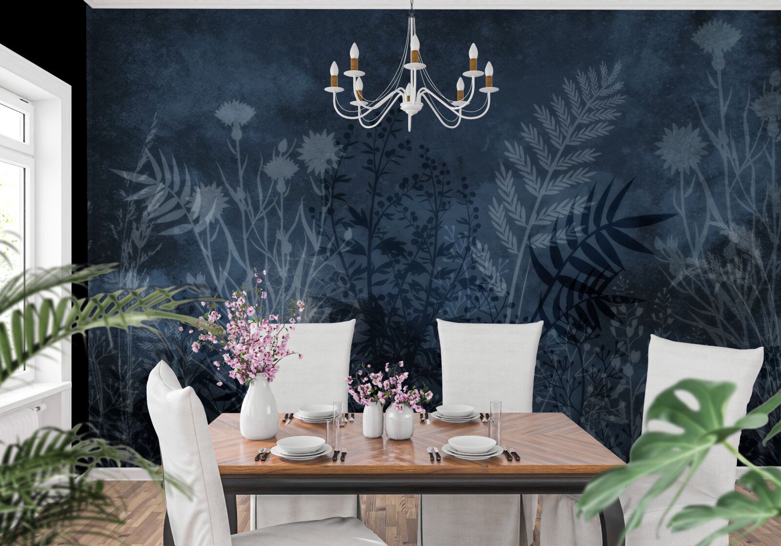 Fototapet luna de noapte luminează pajiștea și plantele