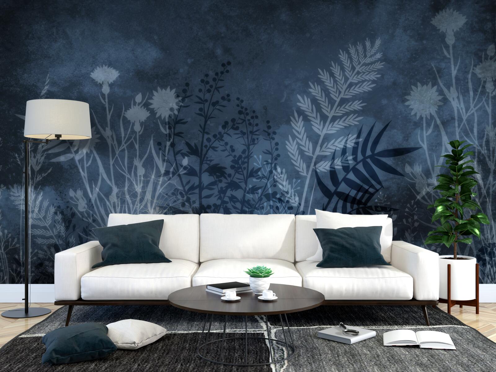 Fototapet luna de noapte luminează pajiștea și plantele