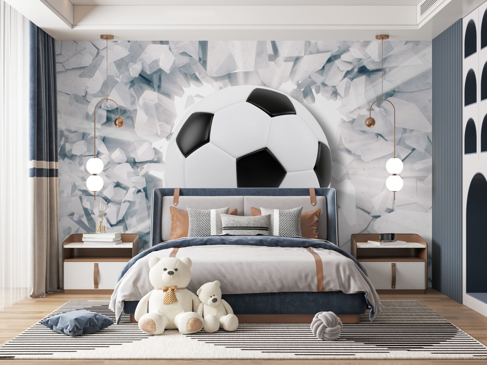 Fototapet scenă abstractă: o minge de fotbal lovește un perete