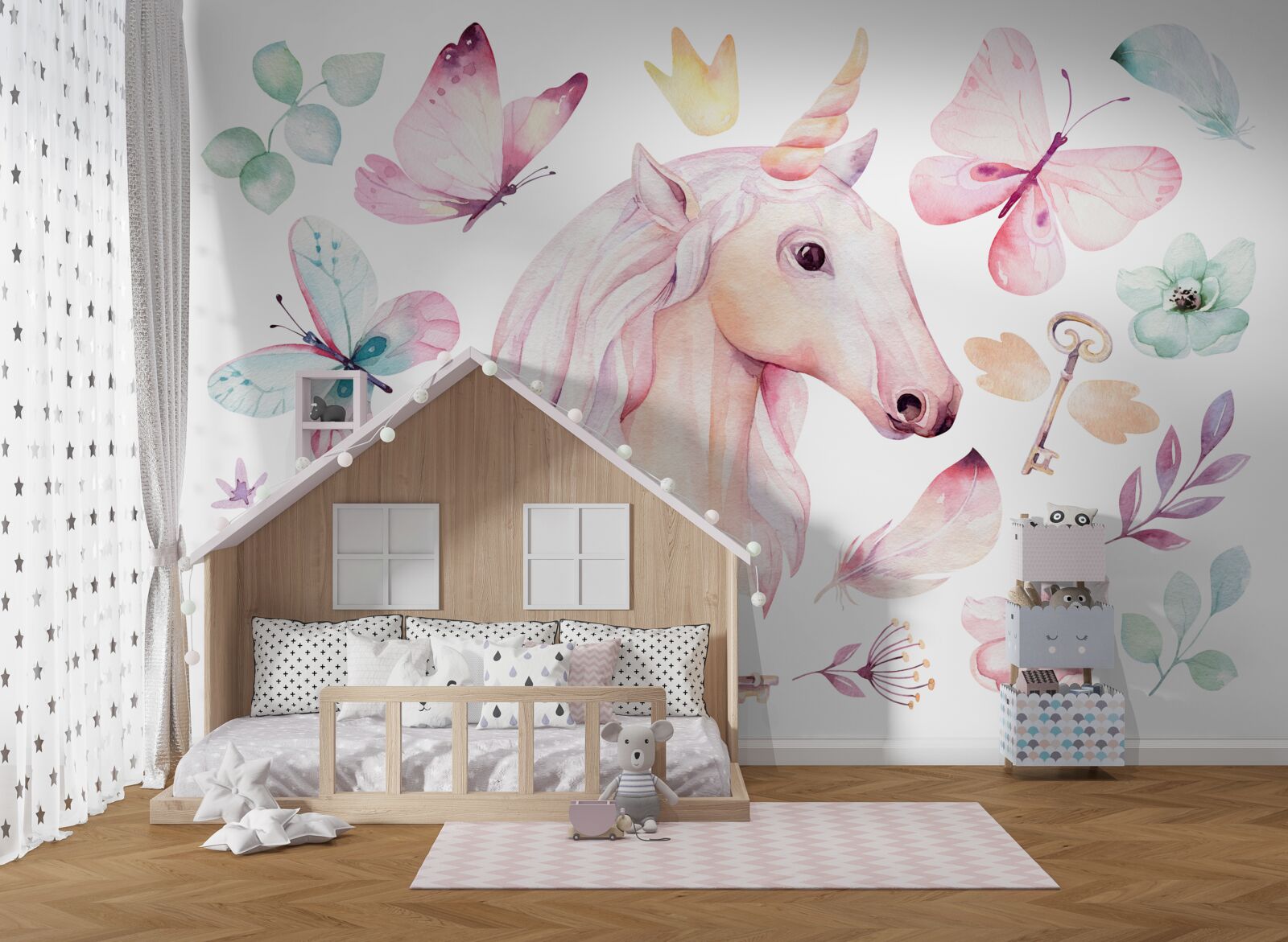 Fototapet unicorn înconjurat de fluturi și chei