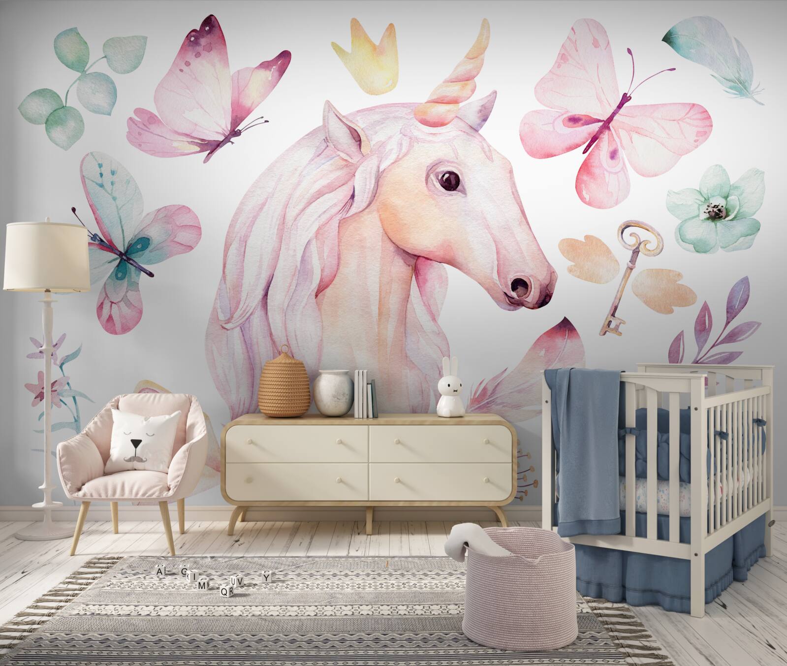 Fototapet unicorn înconjurat de fluturi și chei