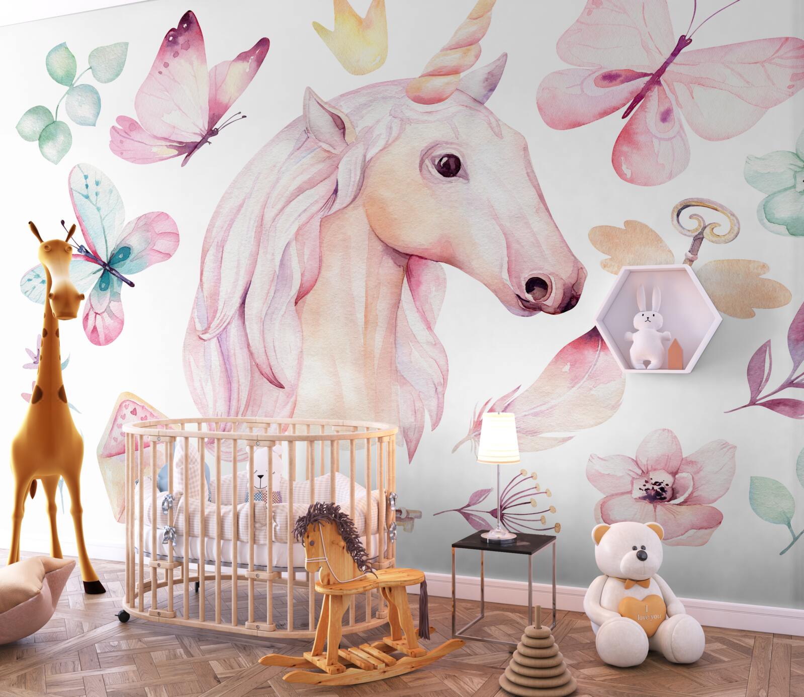 Fototapet unicorn înconjurat de fluturi și chei