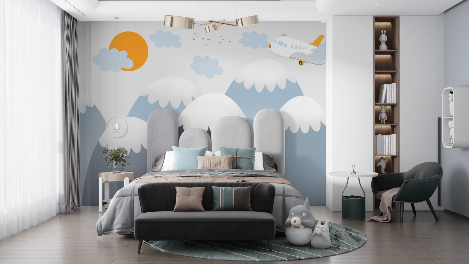 Fototapet un avion se îndreaptă spre soare peste vârfurile munților