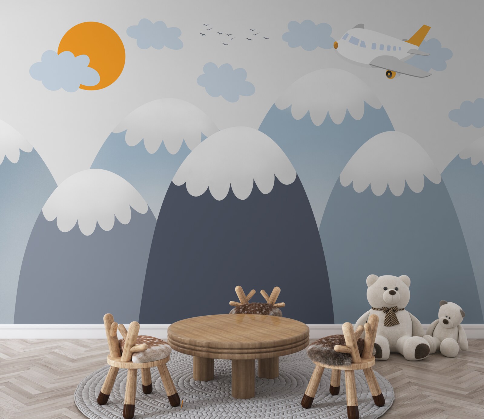 Fototapet un avion se îndreaptă spre soare peste vârfurile munților